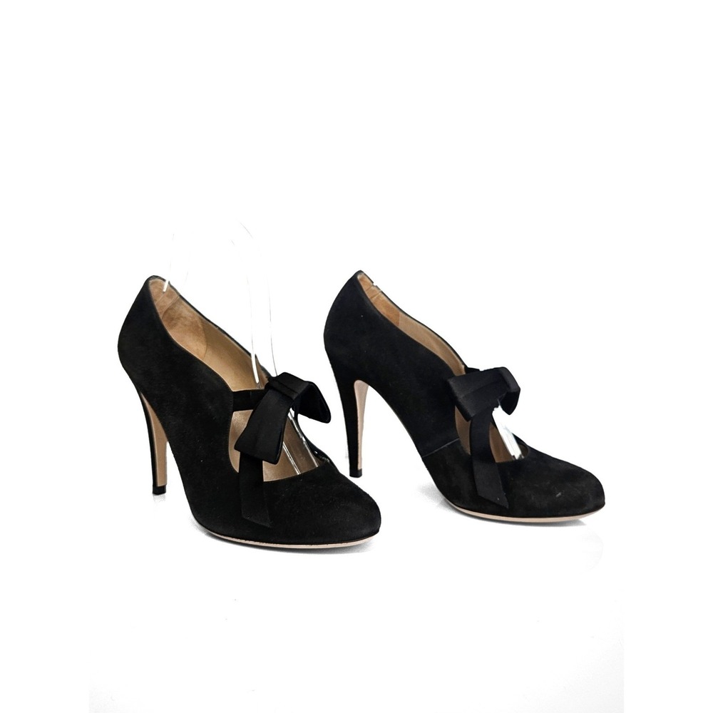 Valentino Garavani Black Suede Bow Pumps Rounded Toe Stiletto Heels‎ 37.5 Italy